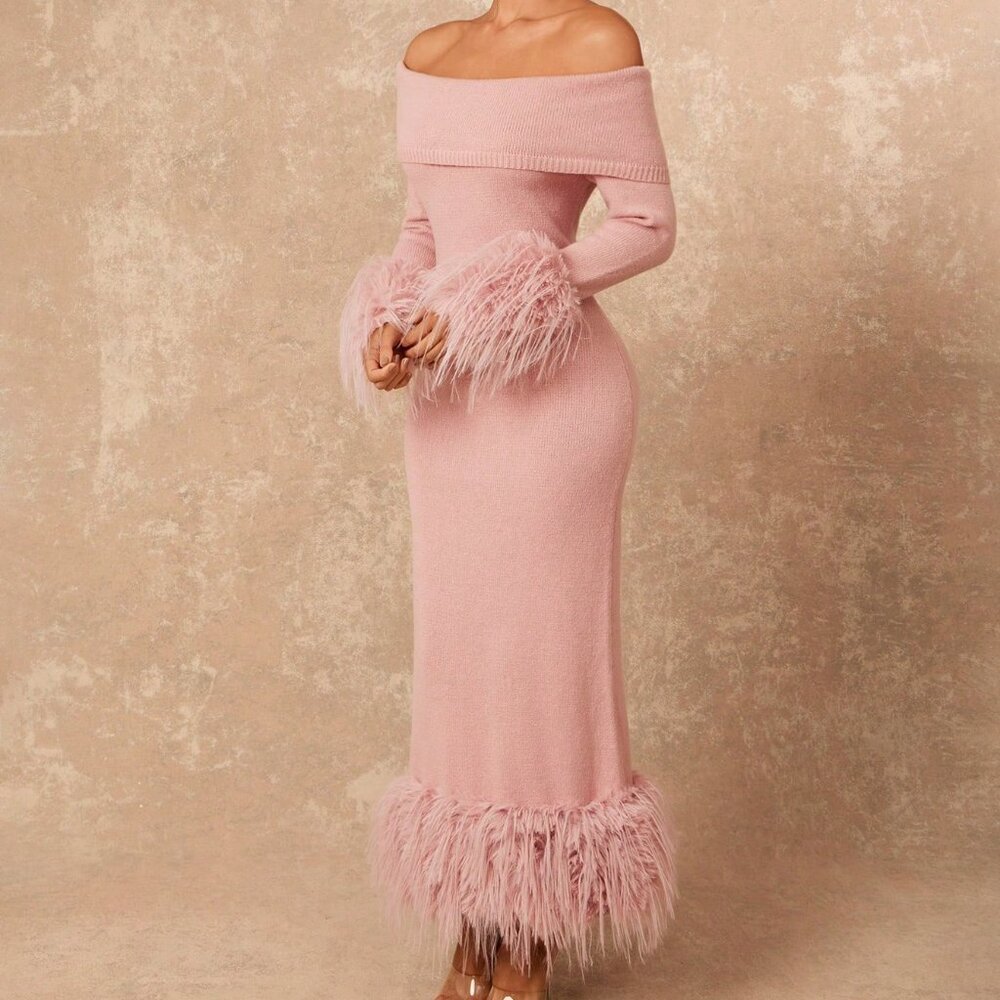 Pink Faux Fur Off Shoulder Bodycon sweater Maxi dress - Picture 3 of 8